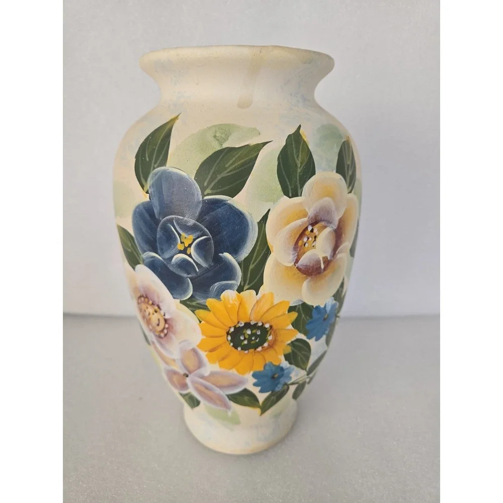 Vtg Ceramic Vase Hand Painted Floral Ivory Green Yellow Blue Art 10.5
